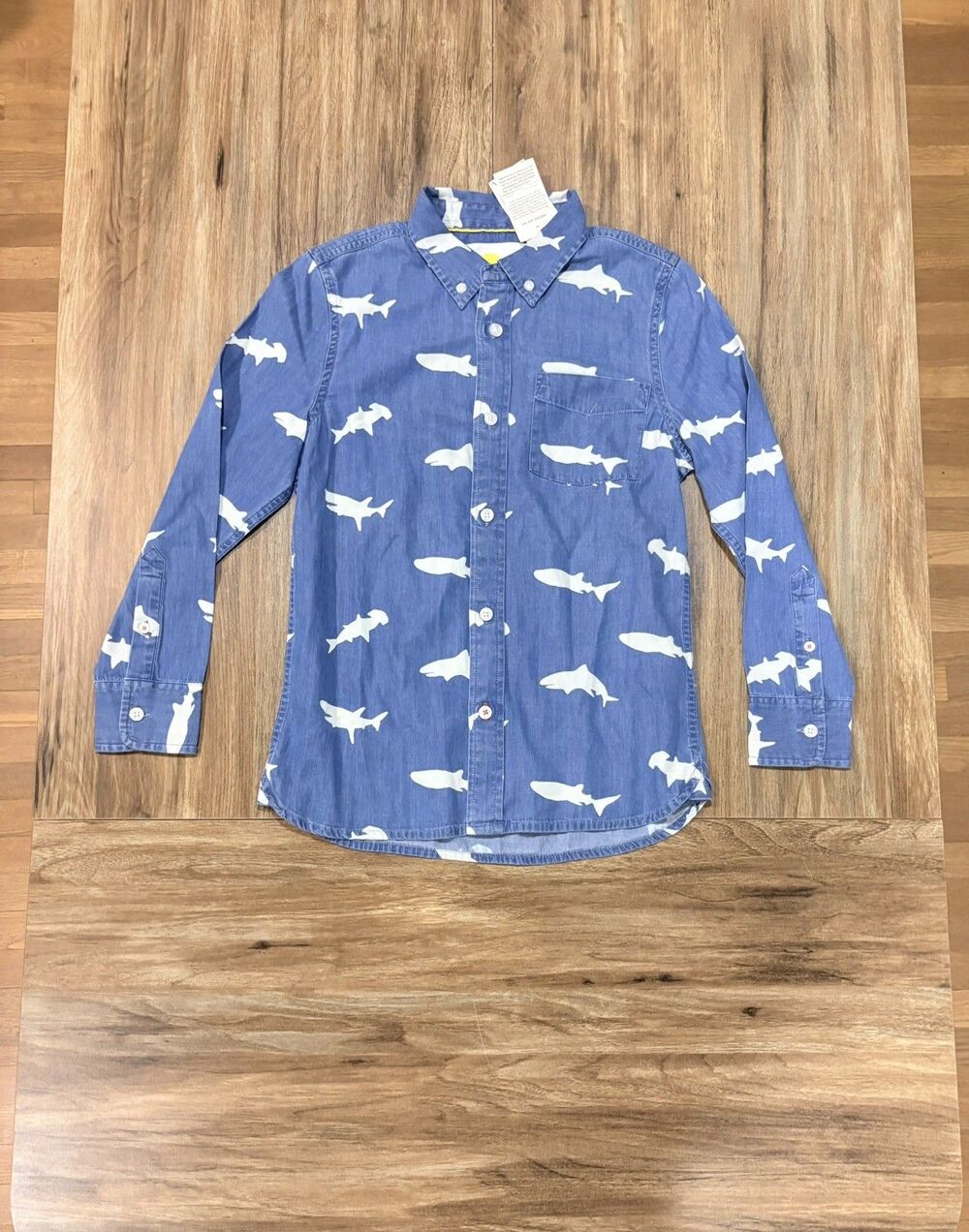 Mini Boden Boys Blue Chambray White Shark Animal Print Button-Up Shirt Sz 9-10